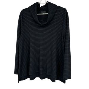 J Jill Wearever LP Black w Silver Metallic Stripes Cowl Neck Swing Style Top